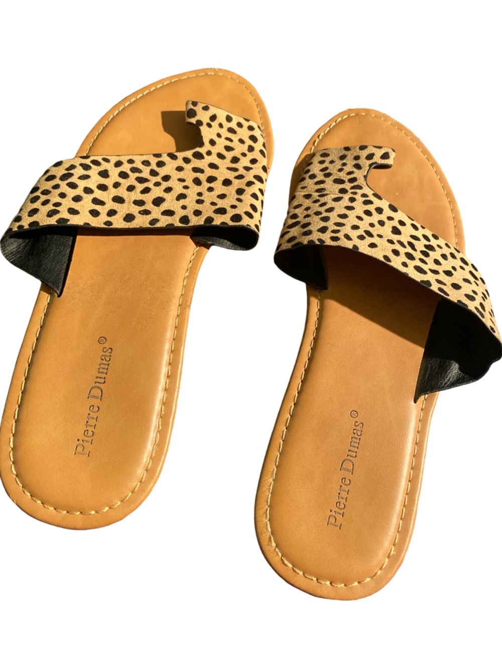 Pierre Dumas Tan Leather Slide Sandals with Leopard Print Strap